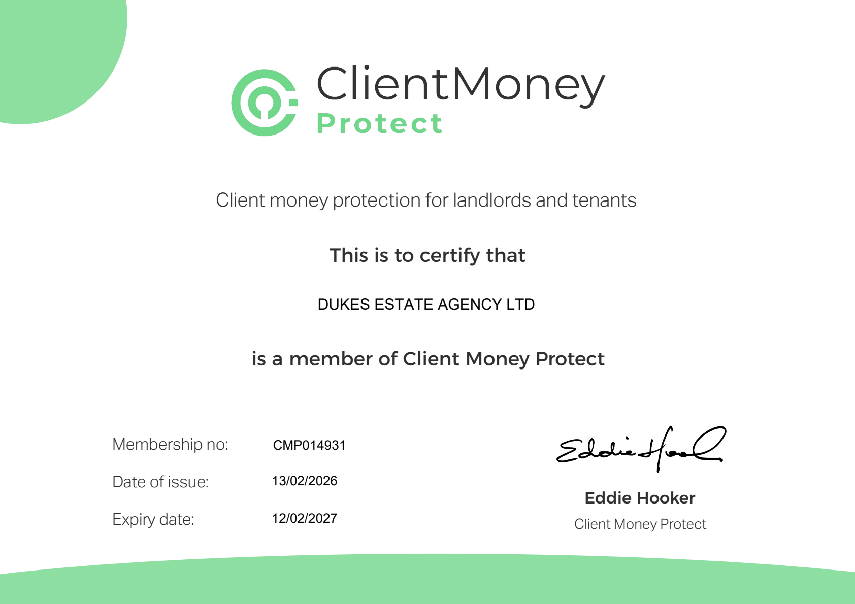 Preview of the Dukes Client Money Protect certificate.