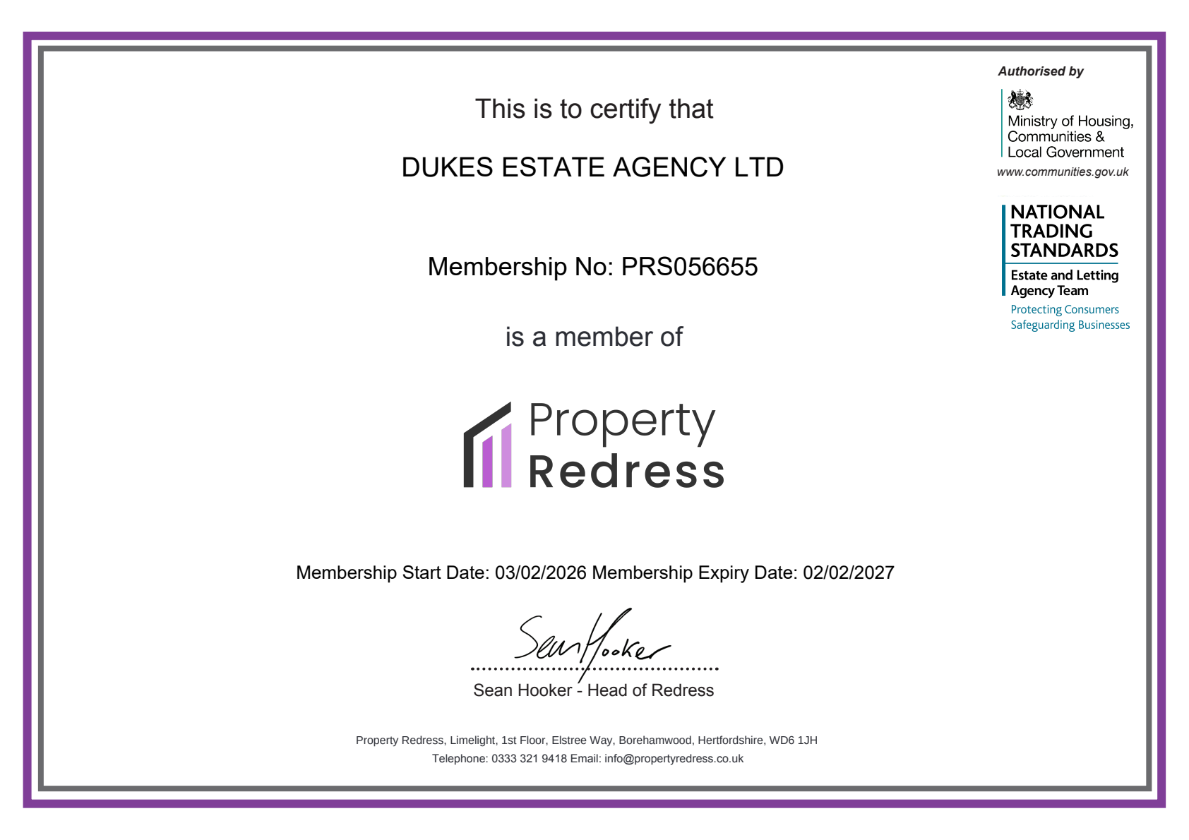 Preview of the Dukes Property Redress Scheme membership certificate.