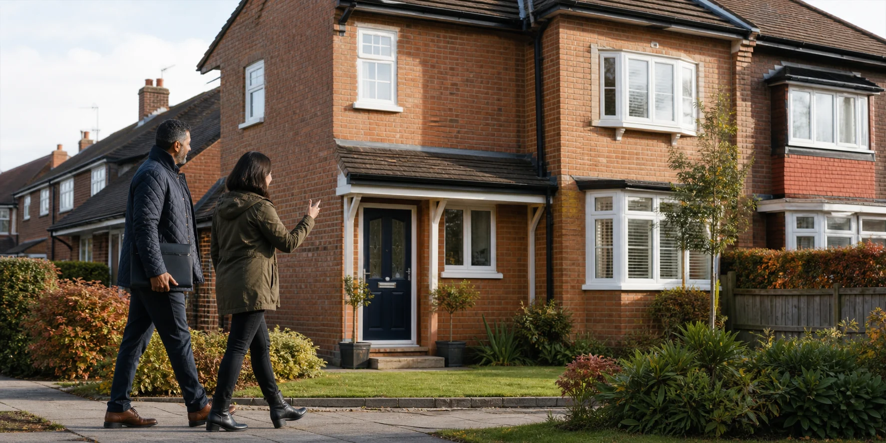 A property owner and adviser assessing a British brick rental home before discussing a proposal