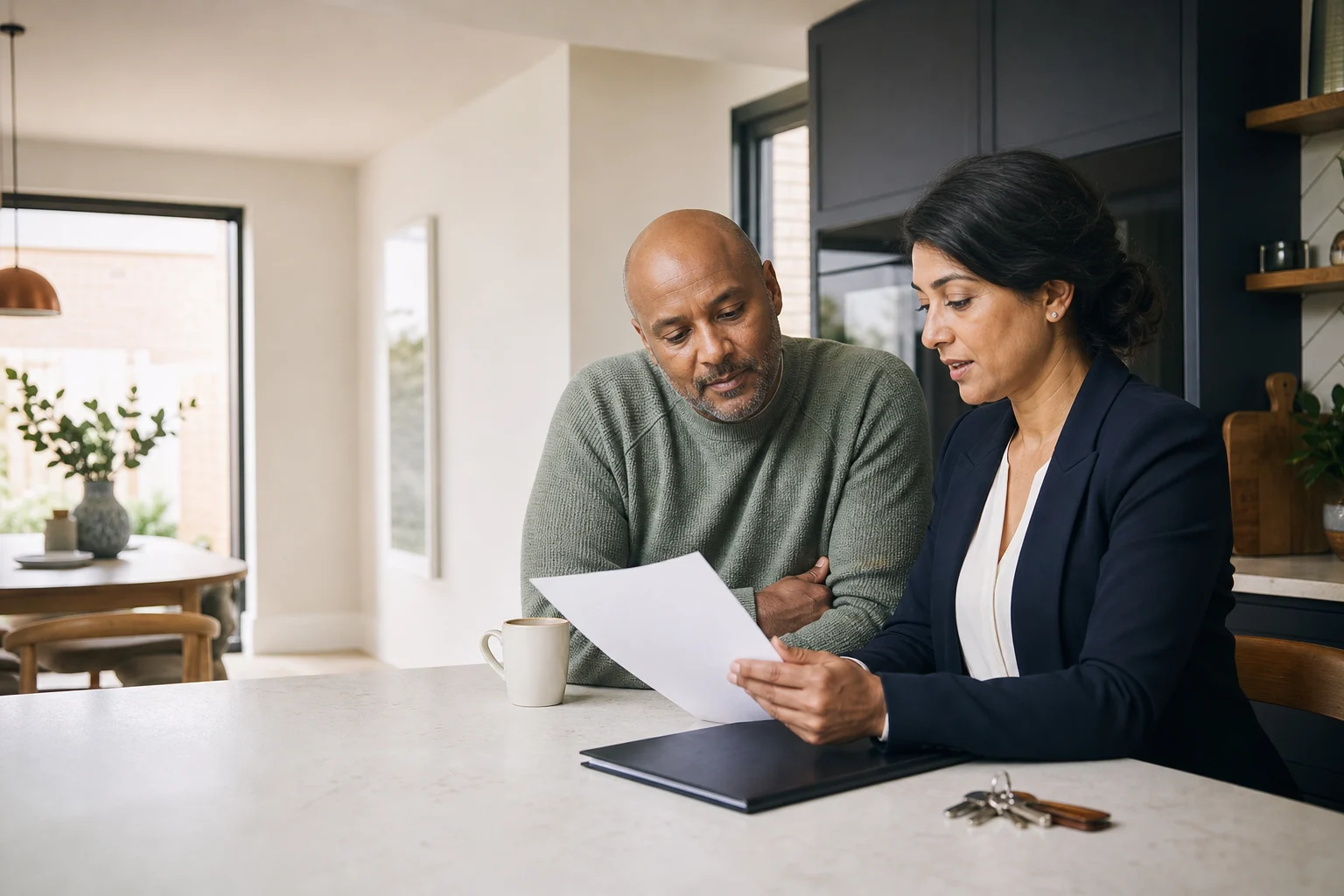 A property owner and adviser reviewing an unbranded written proposal together in a British home