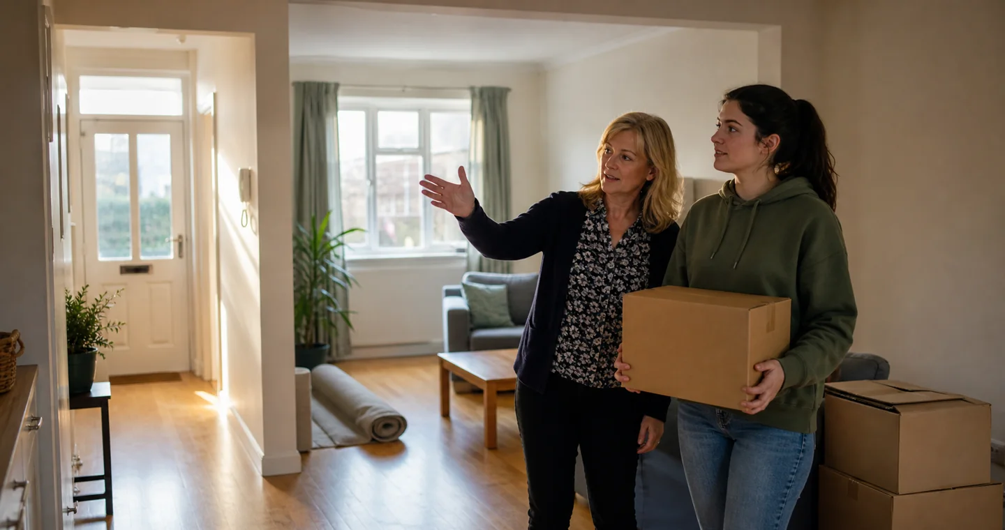 A landlord and tenant carrying out a calm end-of-tenancy room check.