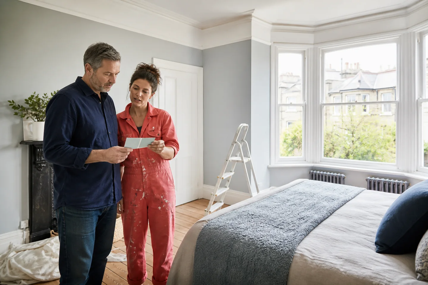 A property owner and tradesperson reviewing a prepared bedroom.