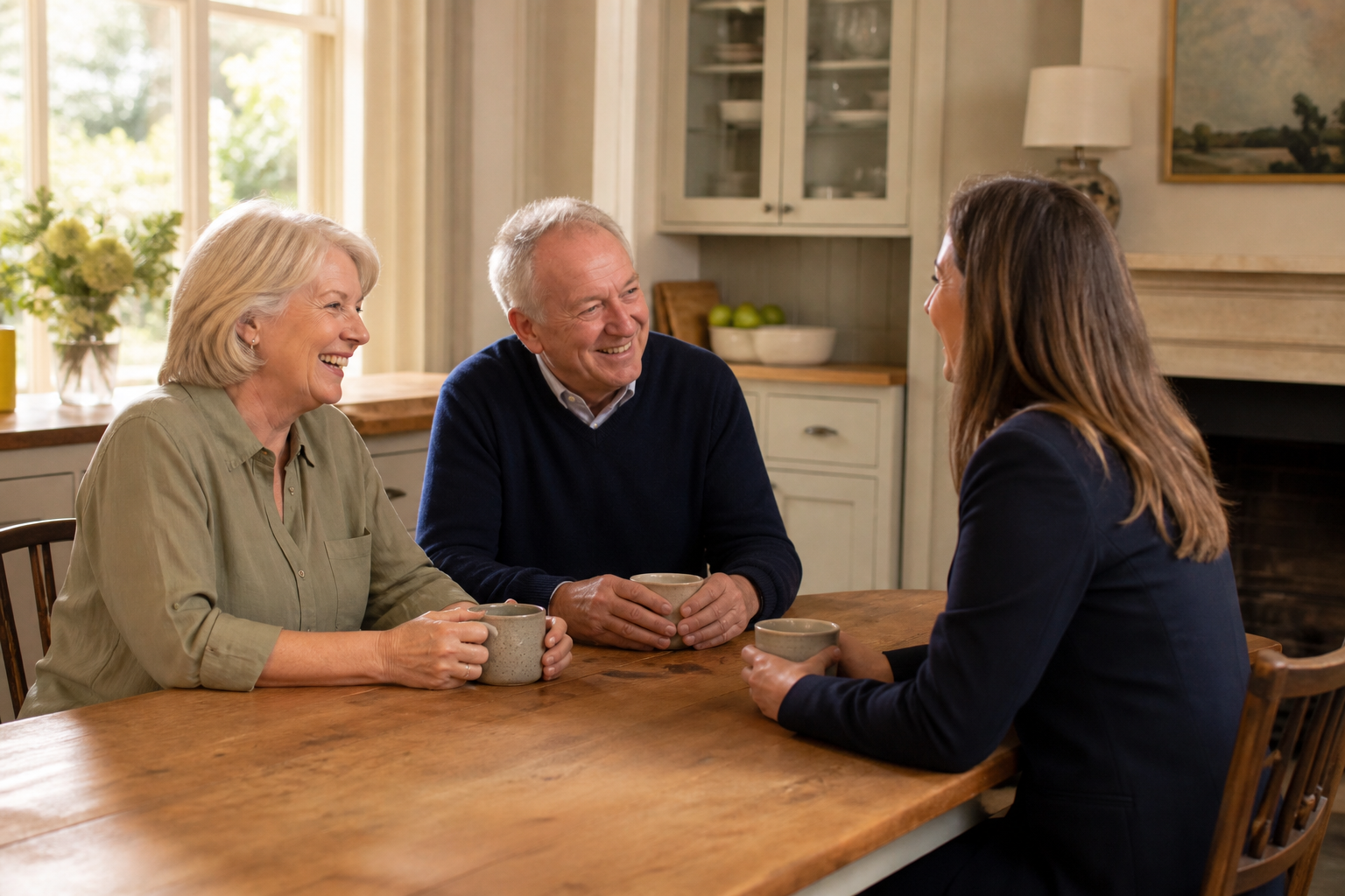 A happy older homeowner couple talking with a property adviser over tea.