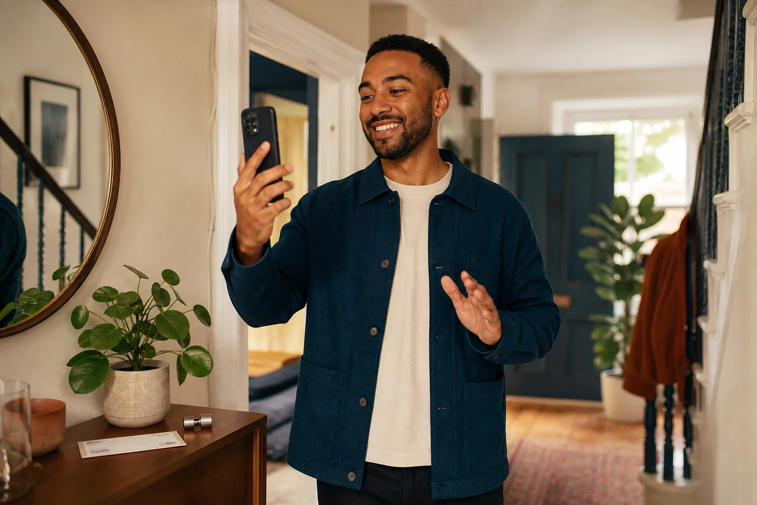 A smiling tenant has a reassuring video call about a later tenancy cost.