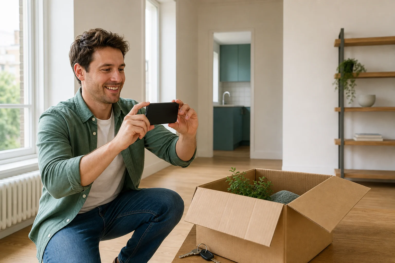 A happy renter photographs the condition of a bright rental home on moving-in day.