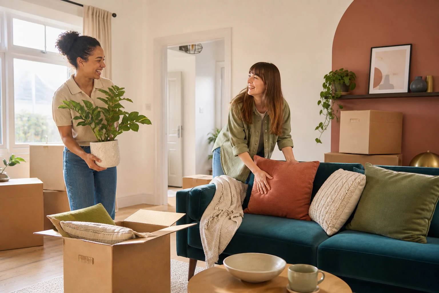 Two happy flatmates settle into a bright rental home together.